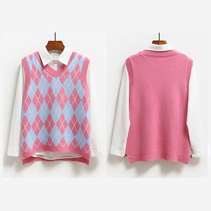 Cute Argyle V Neck Sleeveless Vest Knit Sweater Pullover Jumper Tank Top Autumn Aesthetic E-Girl Kawaii Korean Japanese Harajuku Streetwear