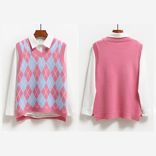 Cute Argyle V Neck Sleeveless Vest Knit Sweater Pullover Jumper Tank Top Autumn Aesthetic E-Girl Kawaii Korean Japanese Harajuku Streetwear