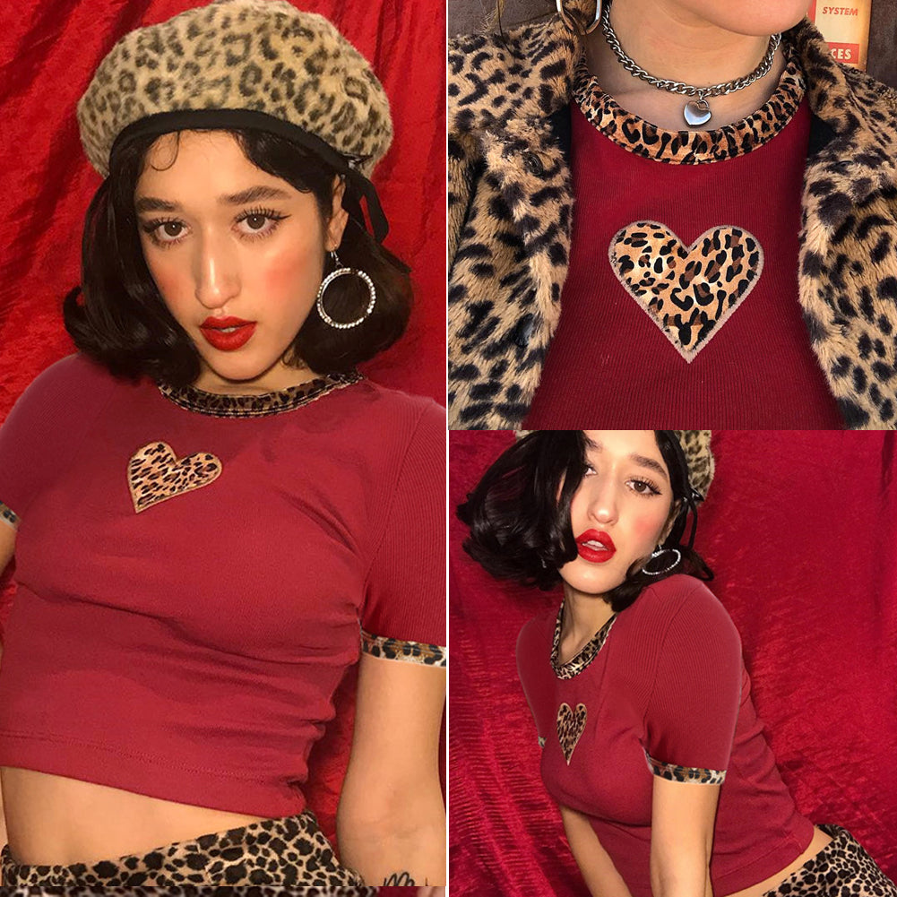 Cute Sexy Leopard Animal Print Heart Crop Top Short Sleeve Shirt Tee T-shirt E-Girl Kawaii Korean Japanese Harajuku Chinese Retro Streetwear Aesthetic