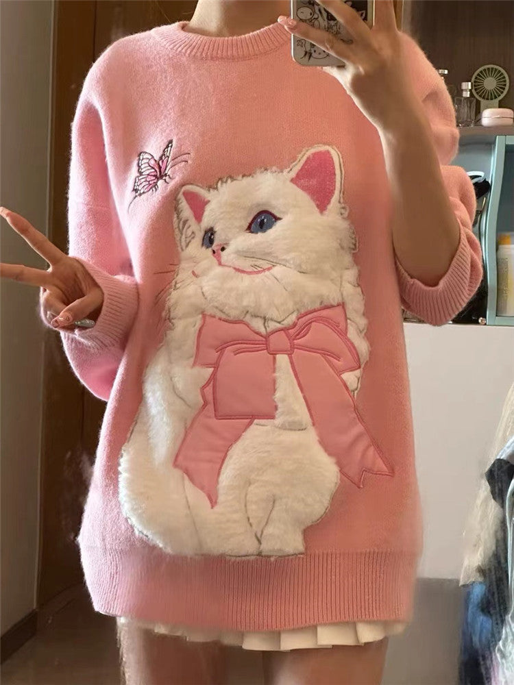 Fluffy Cat Print Sweater