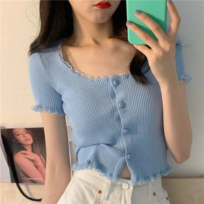 Yellow Lace Knit Short Sleeve Top