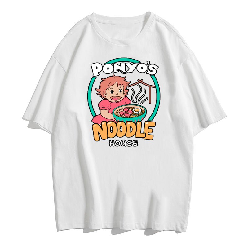 Vintage Anime Ramen Noodle Cartoon Print Loose White Short Sleeve Short T-shirt Top Causal Summer E-Girl Kawaii Korean Japanese Harajuku Streetwear