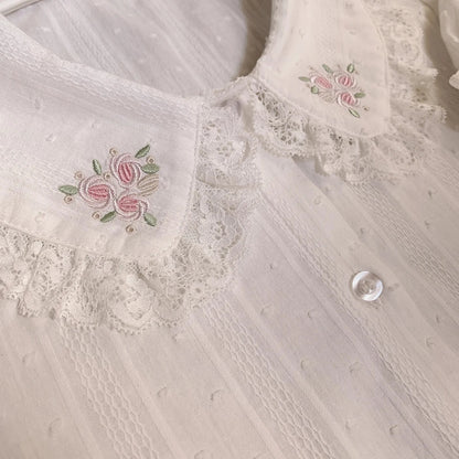 White Floral Embroidery Peterpan Collar Blouse