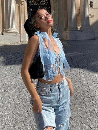 Blue Lace Bandage Crop Top