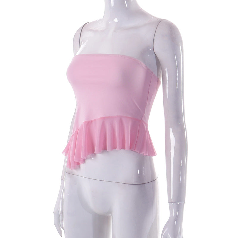 Pink Ruffle Irregular Mesh Tube Top