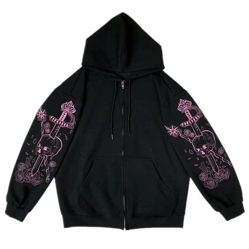 Black Skull Sword Print Zip Up Hoodie