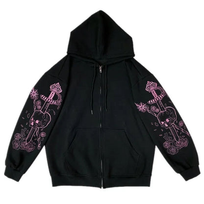 Black Skull Sword Print Zip Up Hoodie