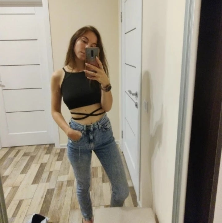 Cute Sexy Black Lace Up Bandage Crop Top Sleeveless Shirt Tank Camisole Aesthetic Casual Summer E-Girl Kawaii Korean Japanese Haraju