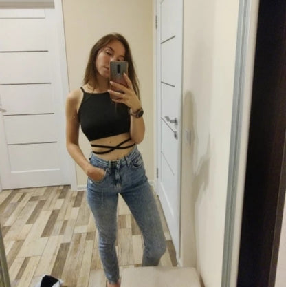 Cute Sexy Black Lace Up Bandage Crop Top Sleeveless Shirt Tank Camisole Aesthetic Casual Summer E-Girl Kawaii Korean Japanese Haraju