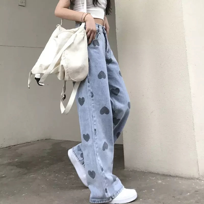 Cute Heart Denim Blue Loose High Waisted Straight Leg Flare Jeans Pants Aesthetic Casual Summer E-Girl Kawaii Korean Japanese Harajuku