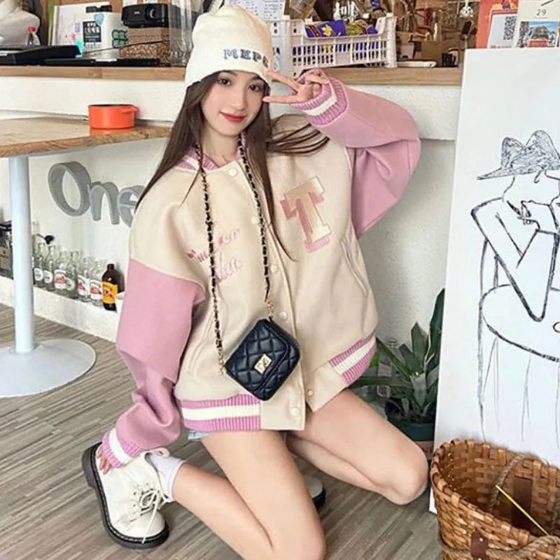 Pink Patchwork Oversized Varsity Jacket