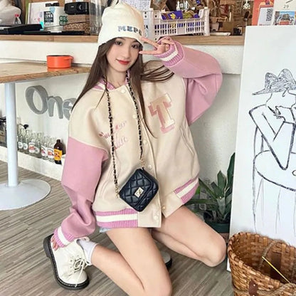 Pink Patchwork Oversized Varsity Jacket
