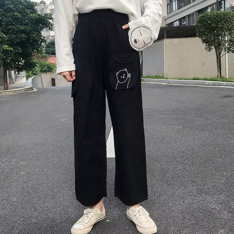 Cute Black Khaki Bear Embroidery Wide Leg Pants Women Casual High Waisted Loose Long Straight Bottom E-Girl Kawaii Korean Japanese Harajuku Streetwear