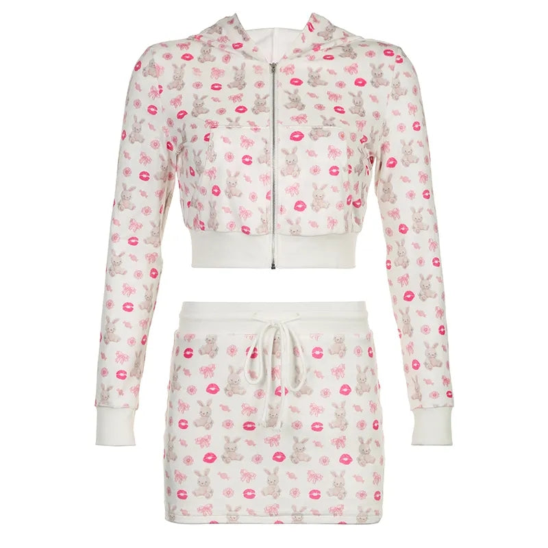 2PCS Rabbit Print Tracksuit Hoodie + Mini Skirt Set