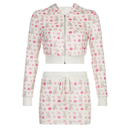 2PCS Rabbit Print Tracksuit Hoodie + Mini Skirt Set
