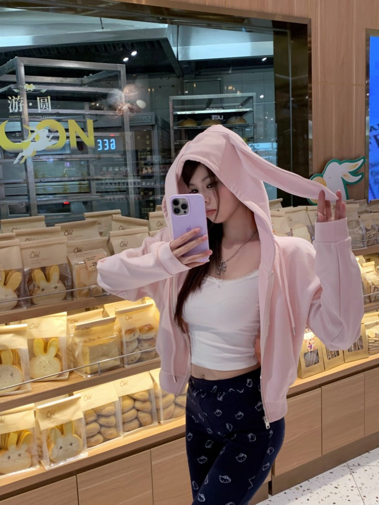 Pink Rabbit Ear Zipper Hoodie