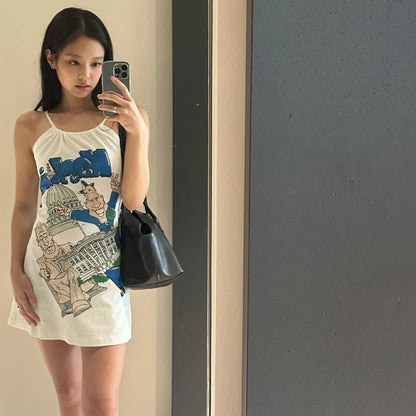 Y2K Graffiti Print Halter Mini Dress