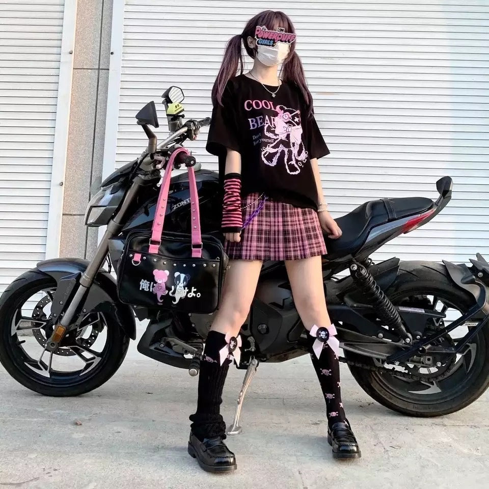 Black Bear Bow Cartoon Print Short Sleeve Tee Shirt T-shirt Top Goth Punk Causal Summer E-Girl Kawaii Korean Japanese Harajuku Streetwear