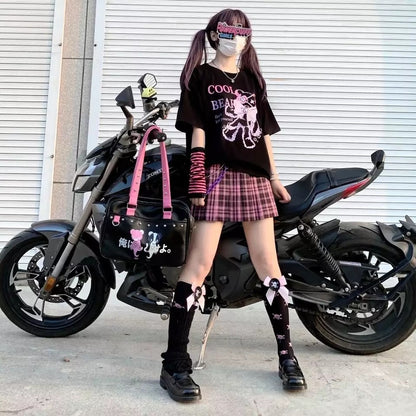 Black Bear Bow Cartoon Print Short Sleeve Tee Shirt T-shirt Top Goth Punk Causal Summer E-Girl Kawaii Korean Japanese Harajuku Streetwear