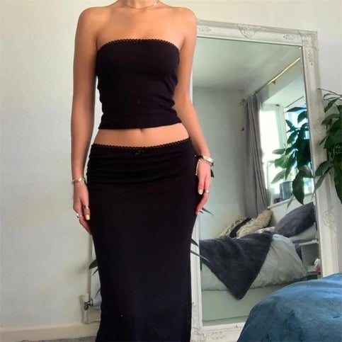 2PCS Black Tube Top + Maxi Skirt Set