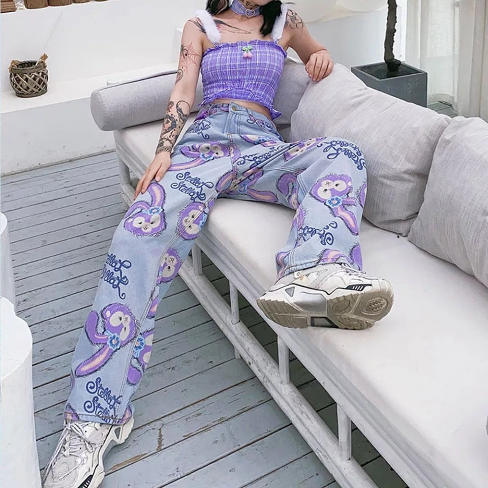 Cute Bunny Rabbit Cartoon Print High Waisted Denim Long Wide Leg Jeans Pants Trouser Aesthetic Casual Summer E-Girl Kawaii Korean Japanese Harajuku