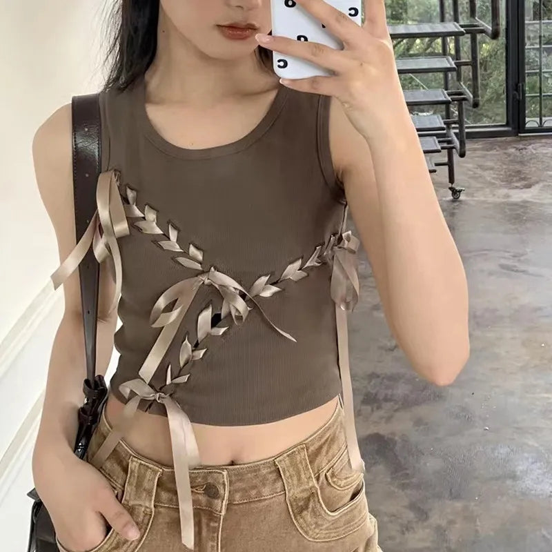 Brown Bow Tie Hollow Out Tank Top
