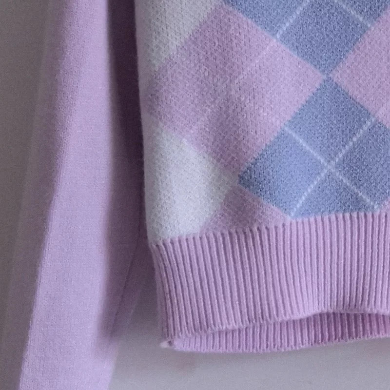 Cute Pink Geometrical Chic Vintage Knit Cardigan Sweater Top Shirt Winter Autumn E-Girl Kawaii Korean Japanese Harajuku Chinese Retro Streetwear