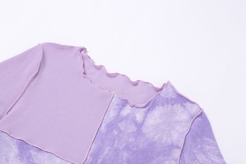 Cute Purple Sequin Ruffle Hem Patchwork Sexy Crop Top Short Sleeve Shirt Tee T-shirt Summer Casual E-Girl Kawaii Korean Japanese Harajuku Streetwear