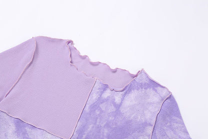 Cute Purple Sequin Ruffle Hem Patchwork Sexy Crop Top Short Sleeve Shirt Tee T-shirt Summer Casual E-Girl Kawaii Korean Japanese Harajuku Streetwear