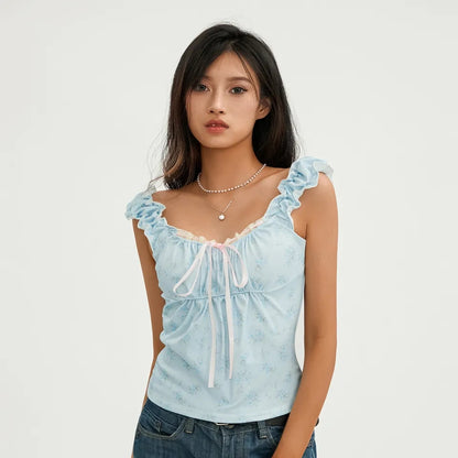 Blue Floral Lace Cottage Tank Top