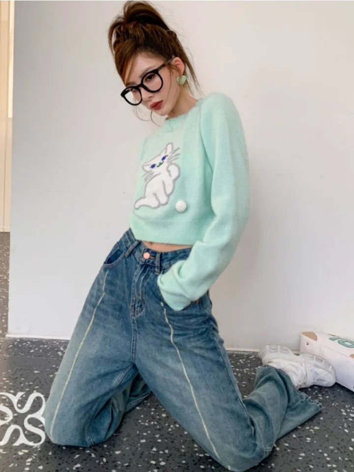 Blue Cat Print Cropped Sweater
