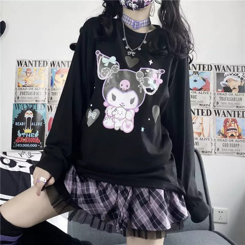 Cute Black Japanese Anime Cartoon Print Loose Oversize Long Sleeve T-shirt