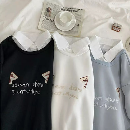 Cute Cat Kitten Print Polo Collar 2 Pcs Sweatshirt Sweater Pullover Jumper Long Sleeve Shirt Casual E-Girl Kawaii Korean Japanese Harajuku Streetwear