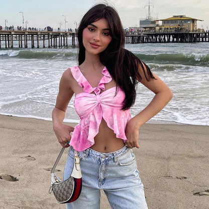 Pink Tie Dye V Neck Ruffle Crop Top