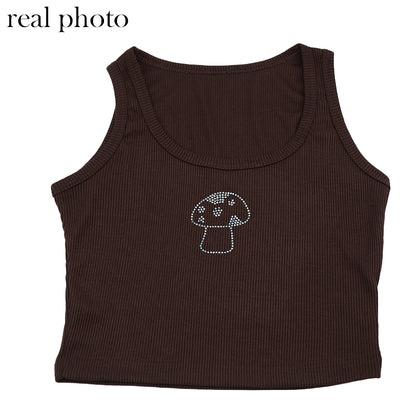 Cute 90s Vintage Brown Mushroom Diamond Aesthetics Crop Top Tank Sleeveless Shirt Summer Casual E-Girl Kawaii Korean Japanese Harajuku Streetwear