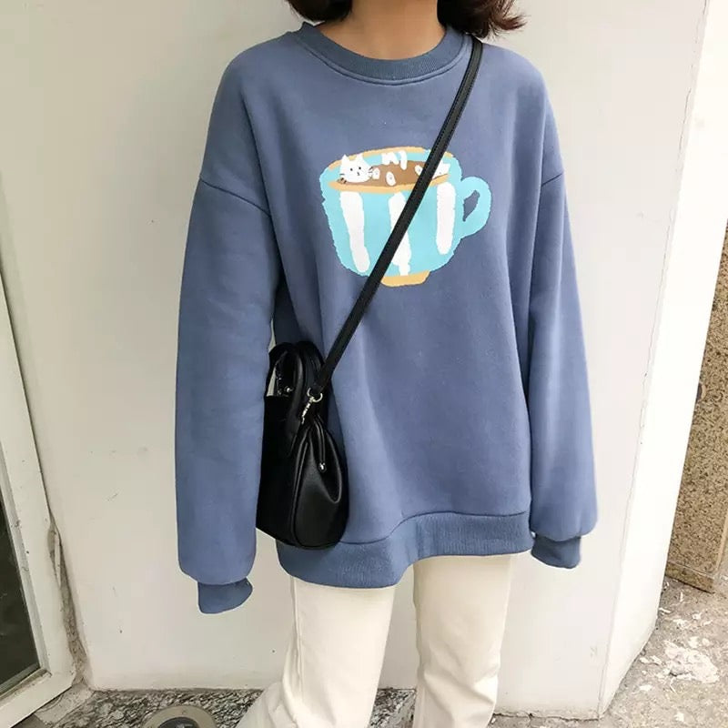 Dumpling Ramen Food Cartoon Print Loose Oversized Long Sleeve Sweatshirt Sweater Pullover Causal E-Girl Kawaii Korean Japanese Harajuku Streetwear
