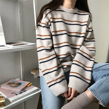 Soft Stripe Autumn O Neck Chic Loose Oversized Casual Knit Sweater Sweatshirt Pullover Jumper Shirt E-Girl Kawaii Korean Japanese Harajuku Streetwear
