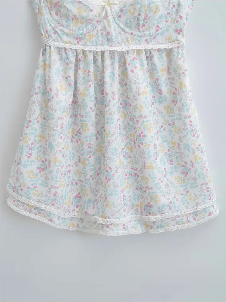 Floral Print Lace Trim Sling Dress