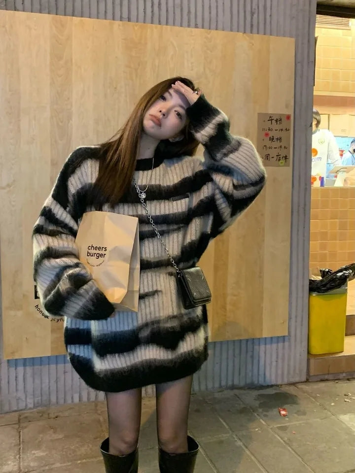 Black Stripe Knit Oversized Sweater