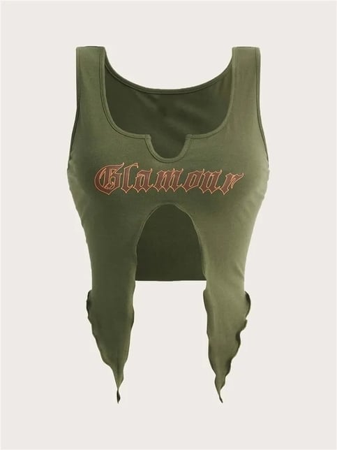 Green Graphic Print Cut Out Tank Top