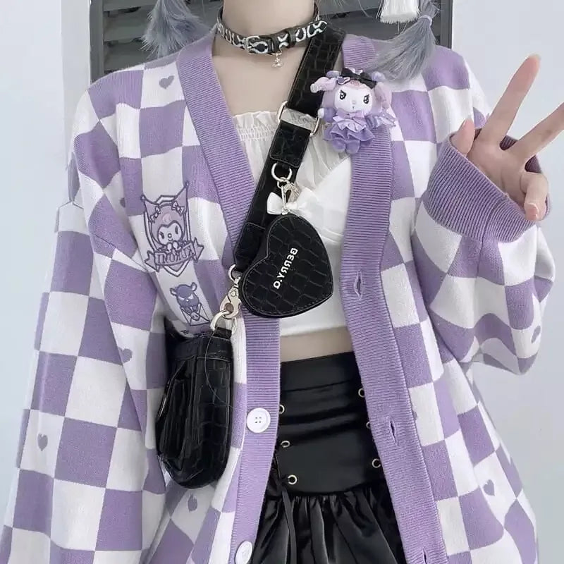Japanese Anime Embroidery Checkboard Sweater
