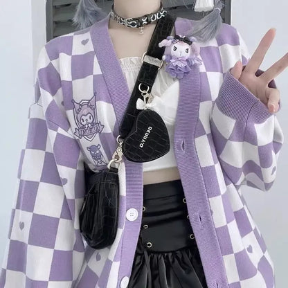 Japanese Anime Embroidery Checkboard Sweater