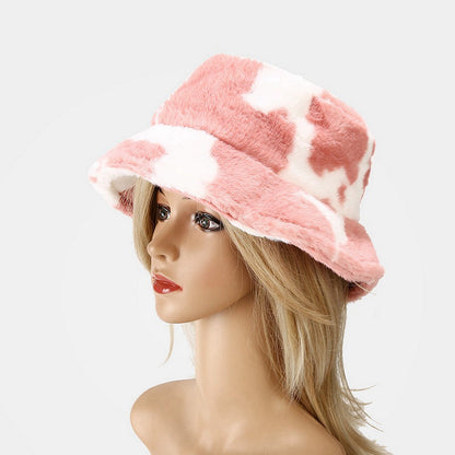 Cow Print Plush Bucket Hat Warm Soft Velvet Fishermen Cap Animal Print Winter Women E-Girl Kawaii Korean Japanese Harajuku Streetwear