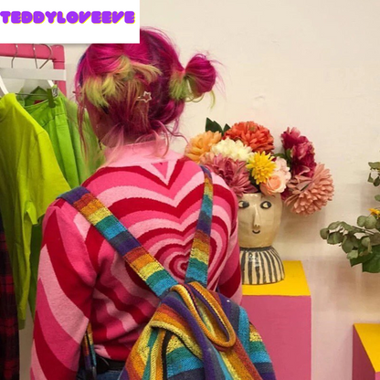Cute Sweet 90s Hot Pink Heart Striped Long Sleeve Knit Top Sweater Sweatshirt Pullover Jumper Autumn E-Girl Kawaii Korean Japanese Harajuku Streetwear