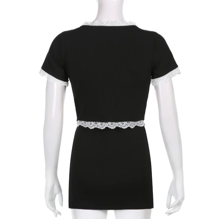 Cute Sweet Sexy 2pcs Lace Trim Split Dress Set + Short Sleeve Cardigan Crop Top Aesthetic Casual E-Girl Kawaii Korean Japanese Harajuku