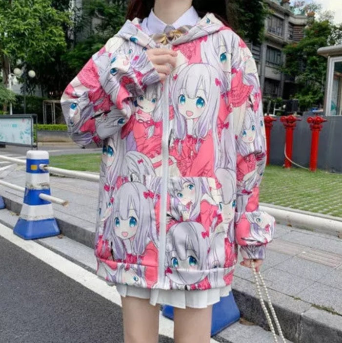Cute Anime Girl Zip Up Hoodie Jacket Jumper Sweatshirt Long Sleeve Shirt Aesthetic Casual E-Girl Kawaii Korean Japanese Harajuku