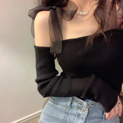 Black Bow Off Shoulder Mesh Sweater