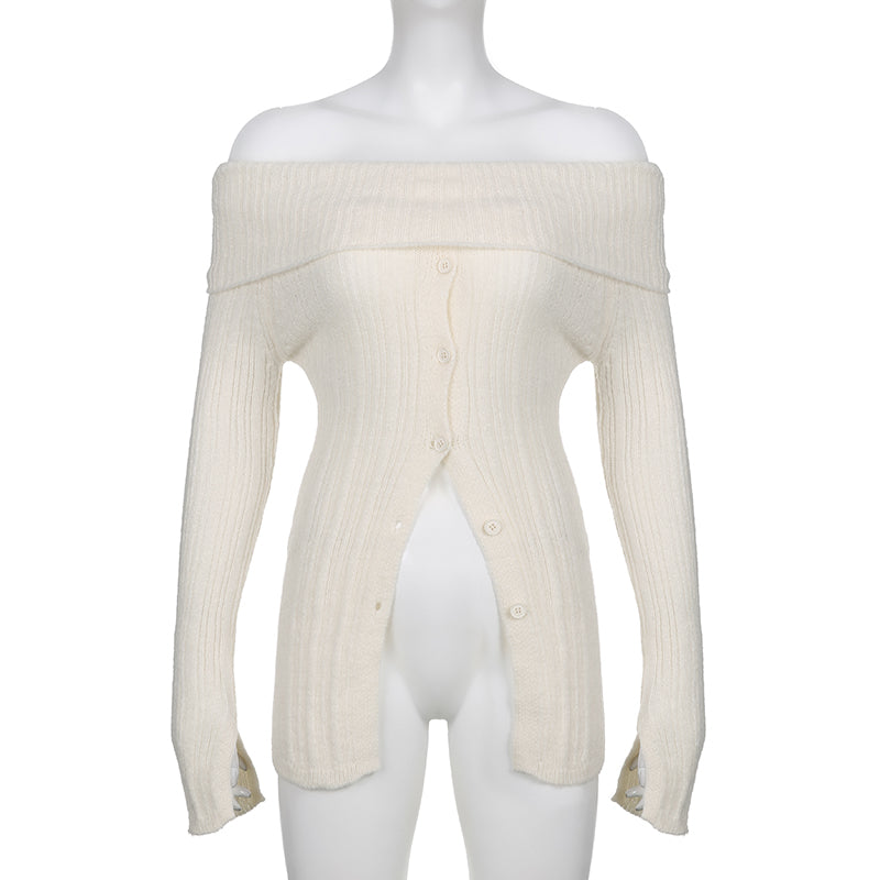 White Button Up Split Slash Neck Sweater