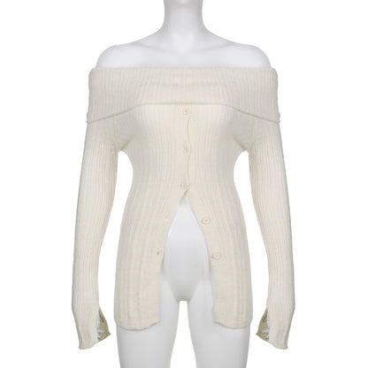 White Button Up Split Slash Neck Sweater