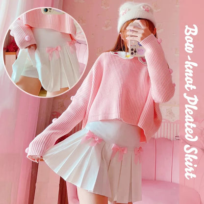 White Flare Pink Bow Pleated Tennis Skirt